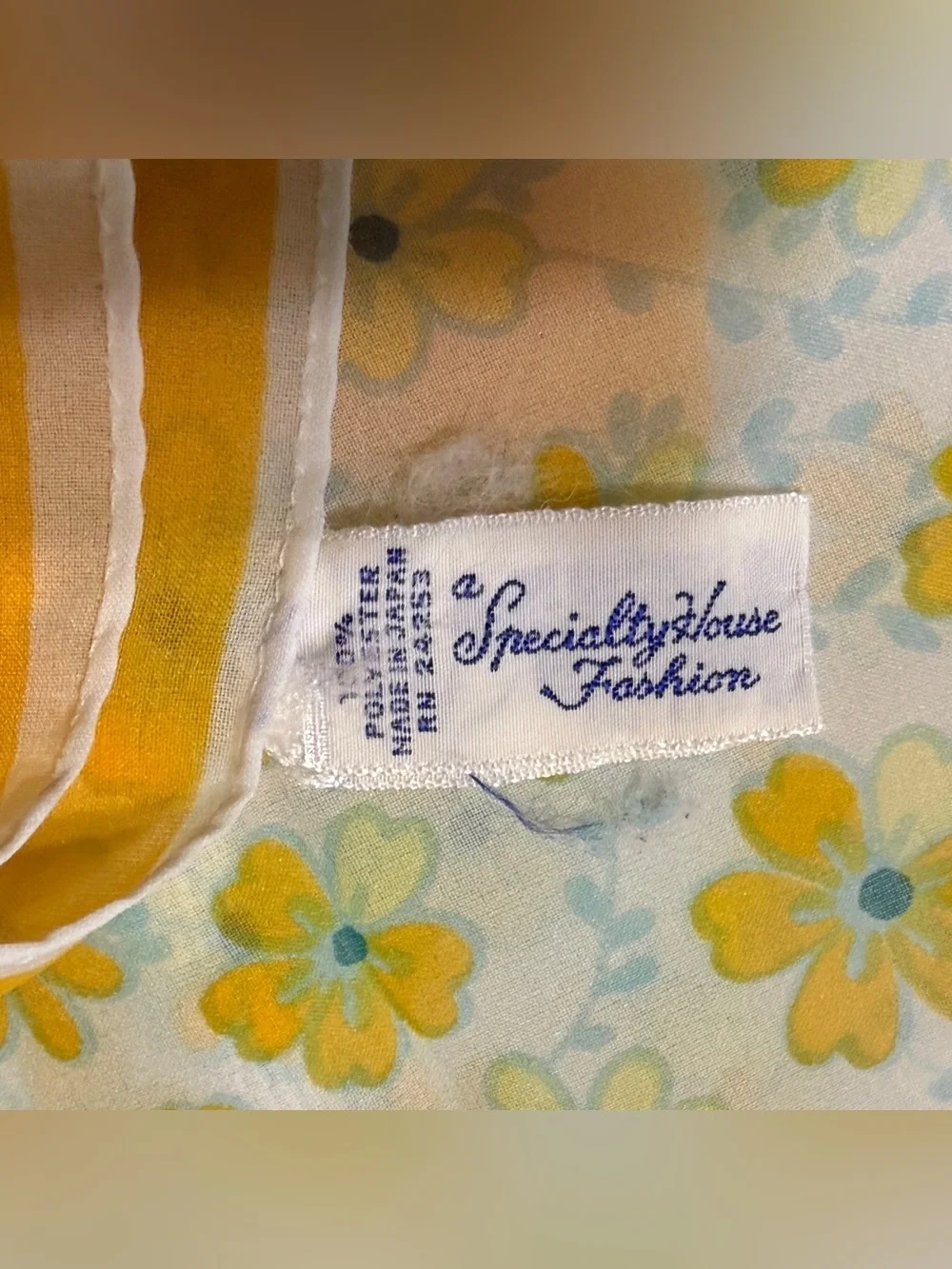 1960’s Mod Flower Power Head Scarf in Yellow, Blue and White, Made in Japan